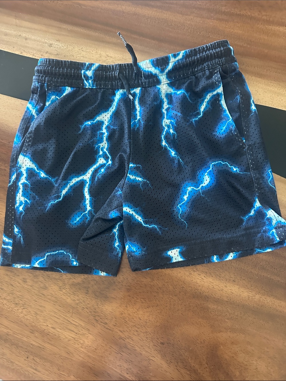 Boys Black Athletic Shorts with Electric Blue Lightning Print